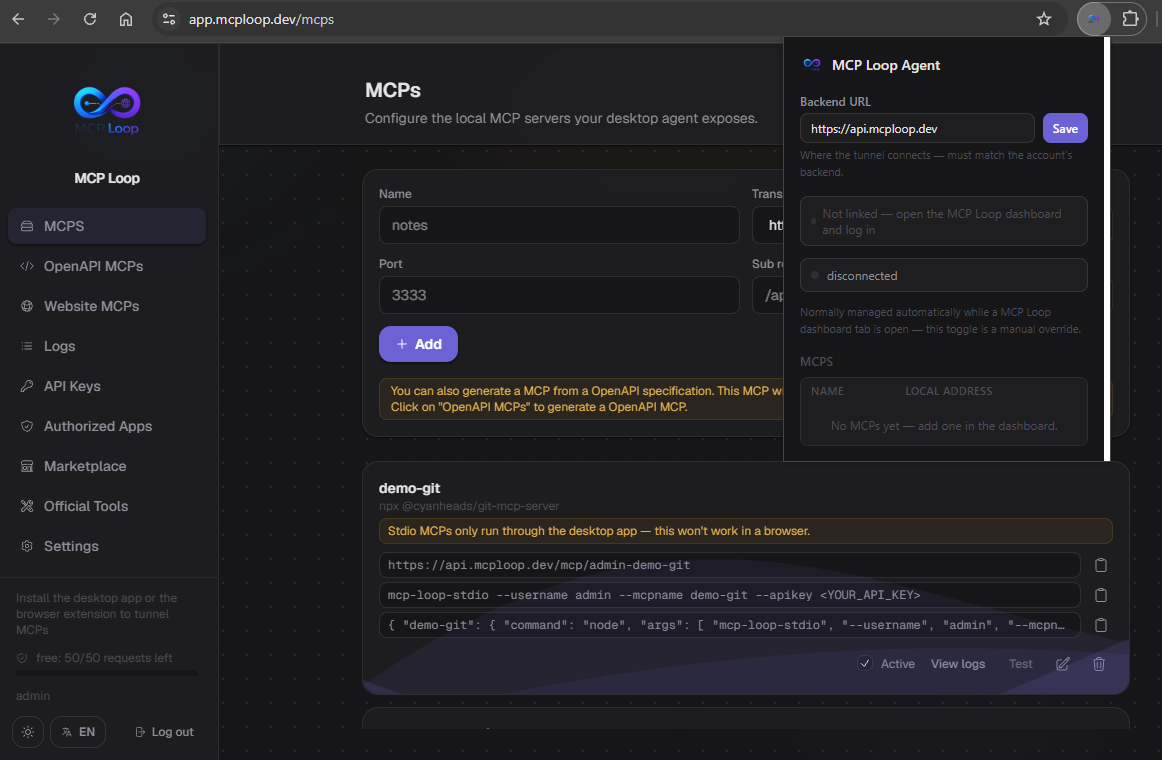 MCP Loop Chrome extension popup, dark