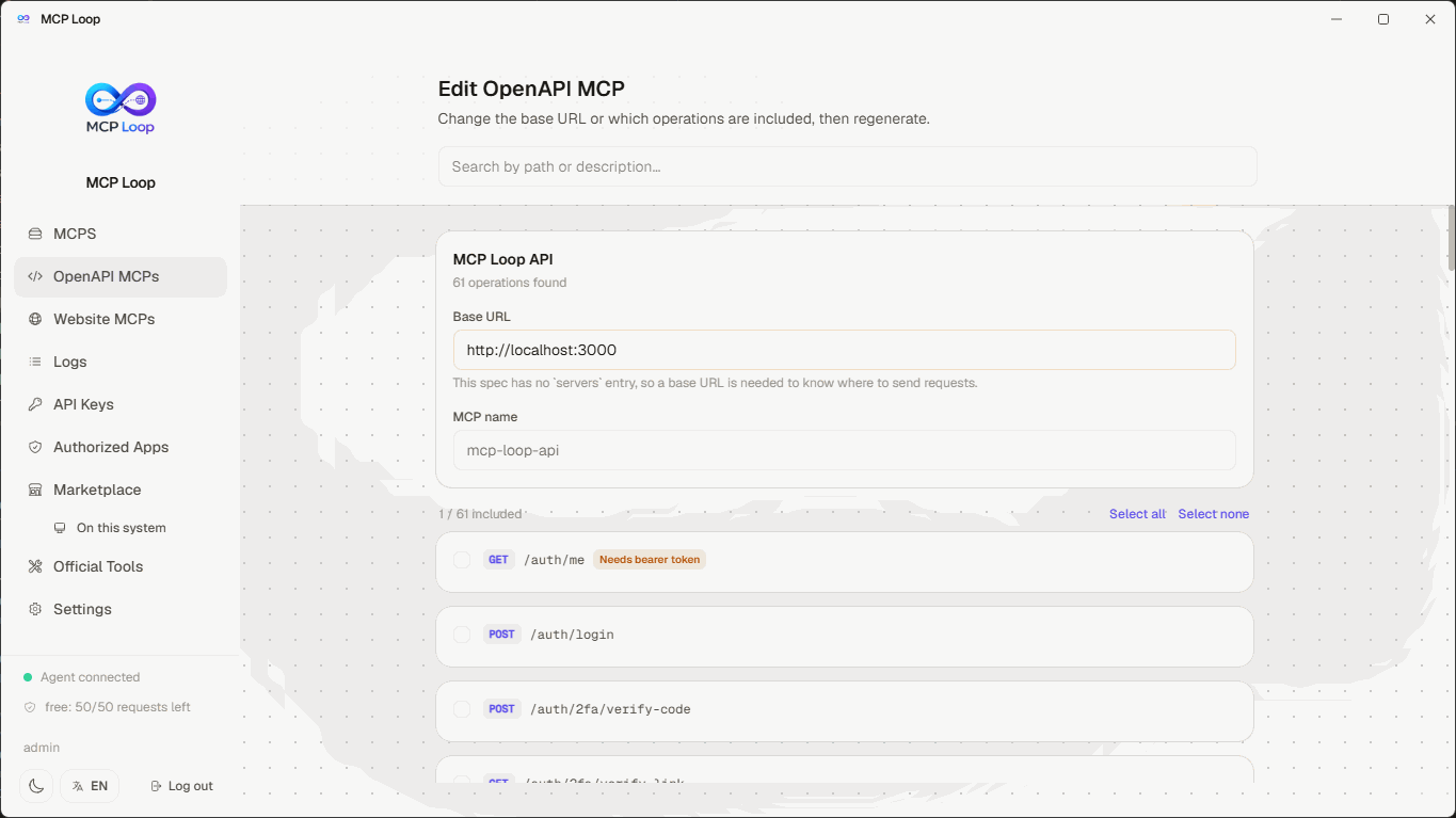 Editing an OpenAPI MCP, light